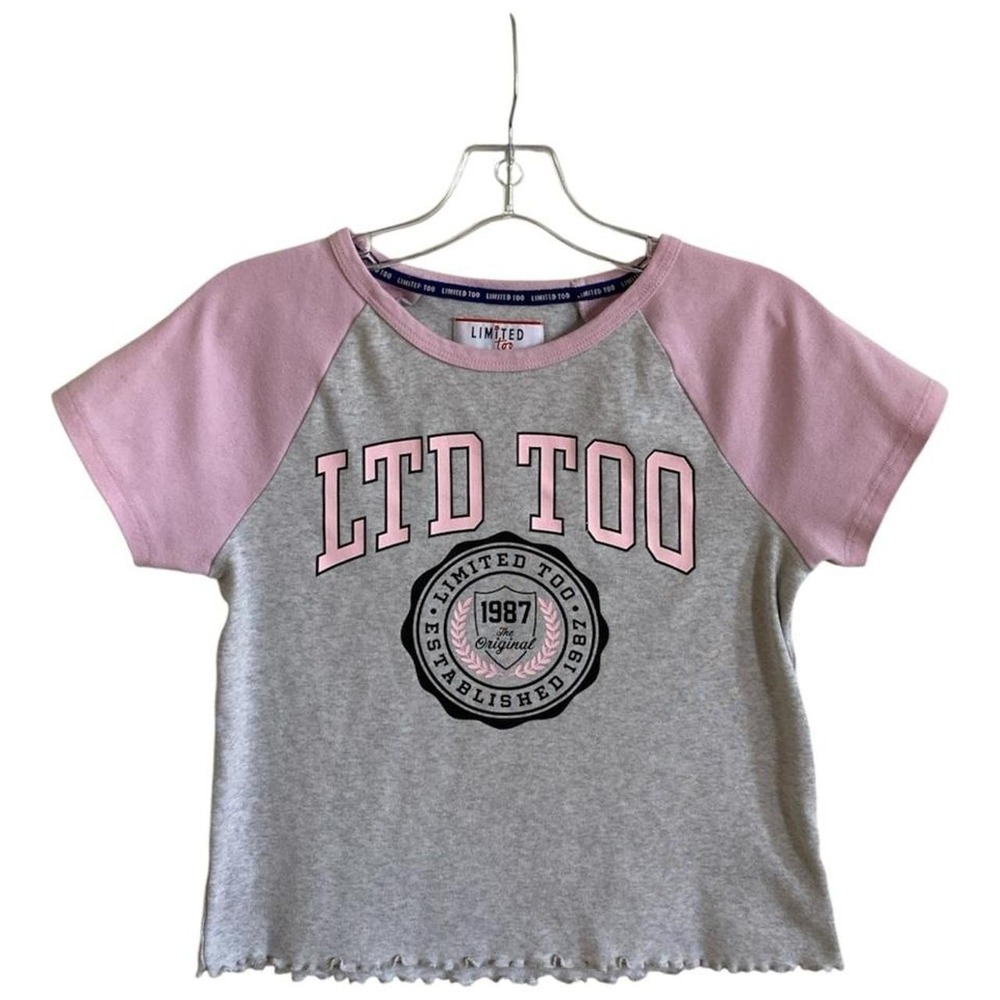 Limited Too gray & pink cropped cotton & polyester tee with 'LTD TOO'